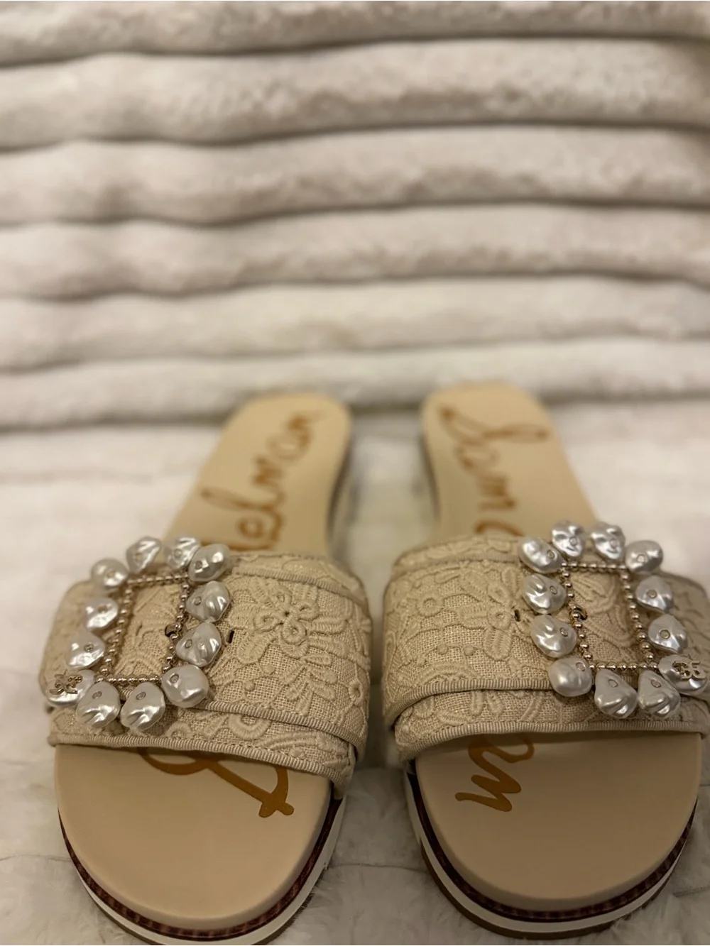 Sam Edelman Beige Lace Pearl-Buckle Slide Mules - Picture 1 of 9